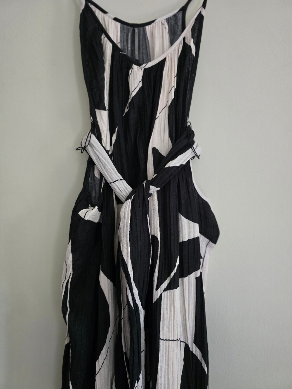 Anthropologie Boho White Black Sheer Print Cotton Gauze Wide Leg Jumpsuit, Large - Picture 5 of 8